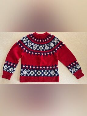 Vintage Hand Knit Fair Isle Wool Sweater Salzburg Austria Red Blue White S/M